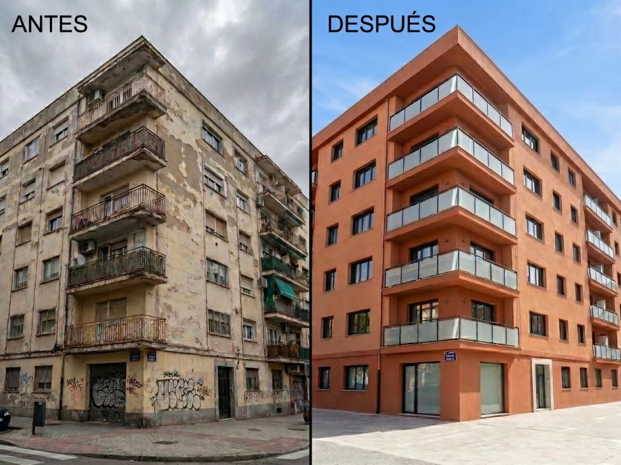 Rehabilitación de fachada de edificio moderno en Coslada, antes y después