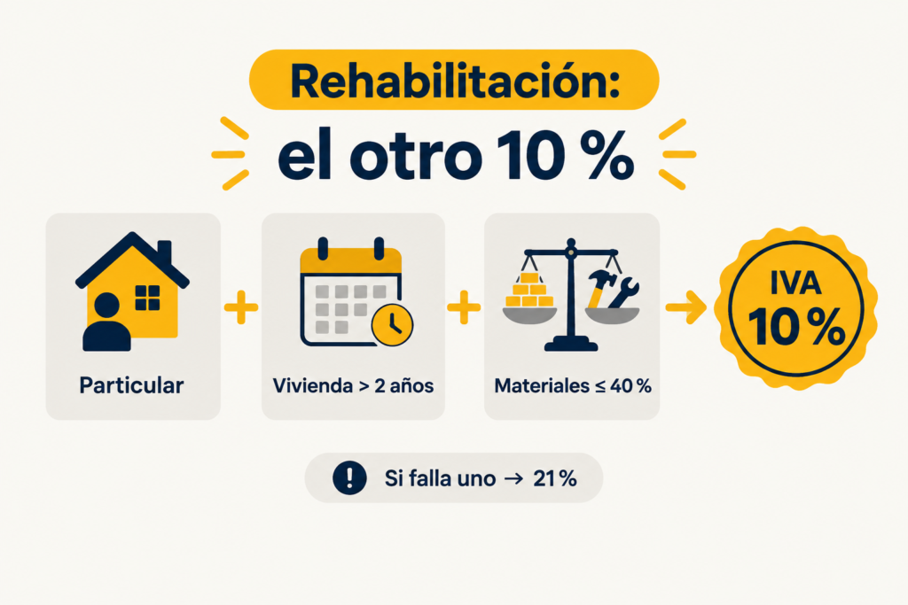 IVA del 10 % en reformas: cuándo se aplica y cómo pedirlo en la factura 3 Esquema de las tres condiciones del IVA reducido del 10 % en reformas