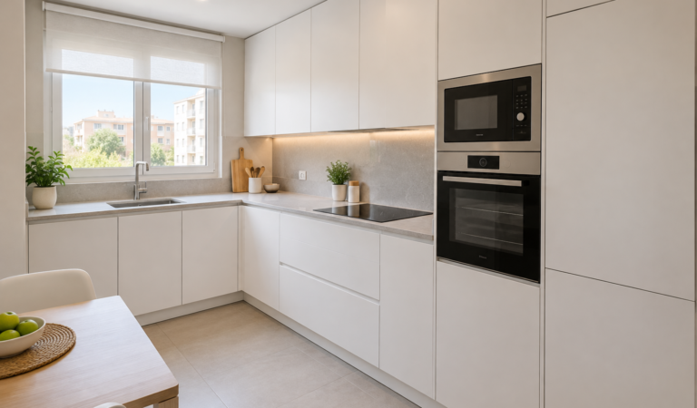 Cocina pequeña reformada en L con muebles hasta el techo