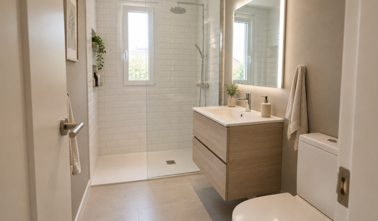 Baño pequeño con ducha reformado en un piso de Coslada