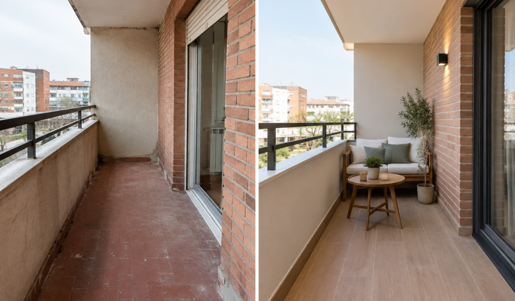 Reformas integrales en Coslada: precio por m² y presupuesto desglosado 1 Reforma integral de balcón en Coslada, antes y después